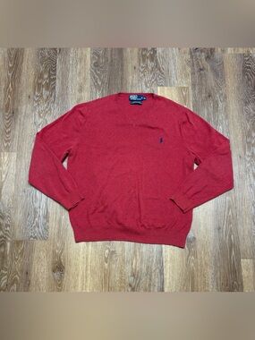Ralph Lauren Men's Red V-Neck Sweater with Navy Pony